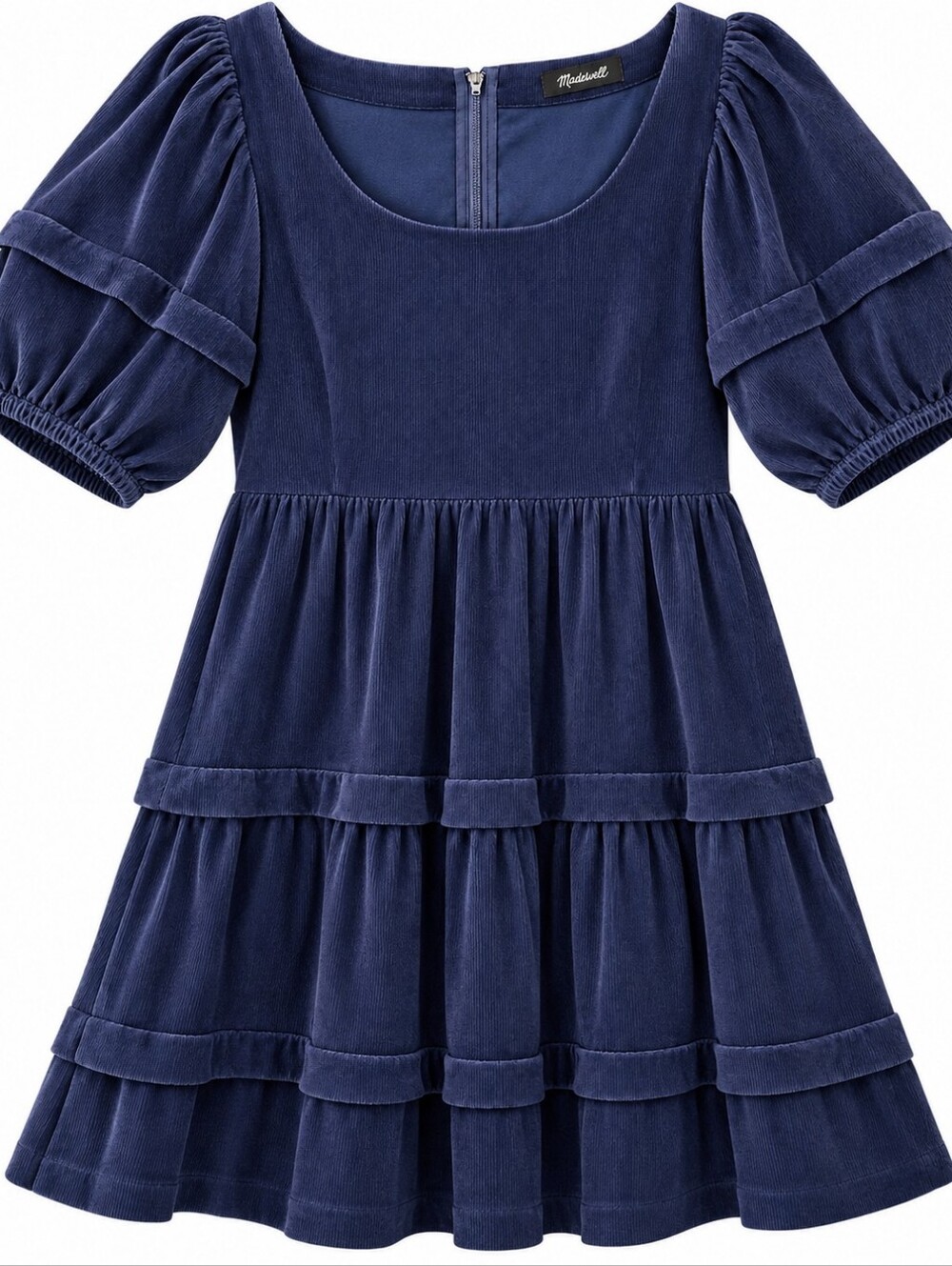 Madewell Navy Tiered Corduroy Dress with Puff Sleeves Size Small Fall Autumn